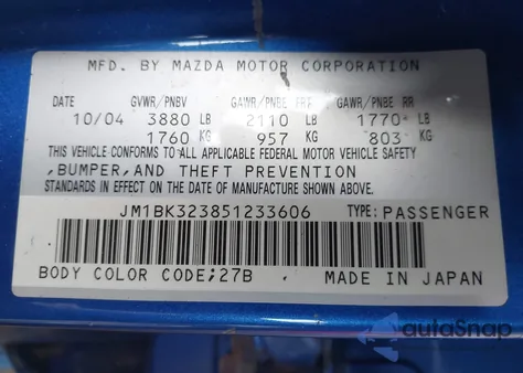 2005 Mazda Mazda3 S z USA, uszkodzony, nr VIN JM1BK323851233606